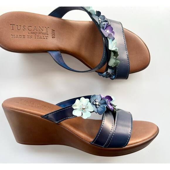 easy street Shoes - Tuscany Sandals 9.5W Floral Strappy Wedge Easy Street Blue Made in Italy Wide
